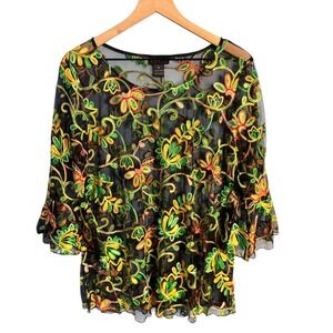 Weavz Womens Floral Embroidered Sheer Mesh Bell Sleeve Blouse Top Black Large